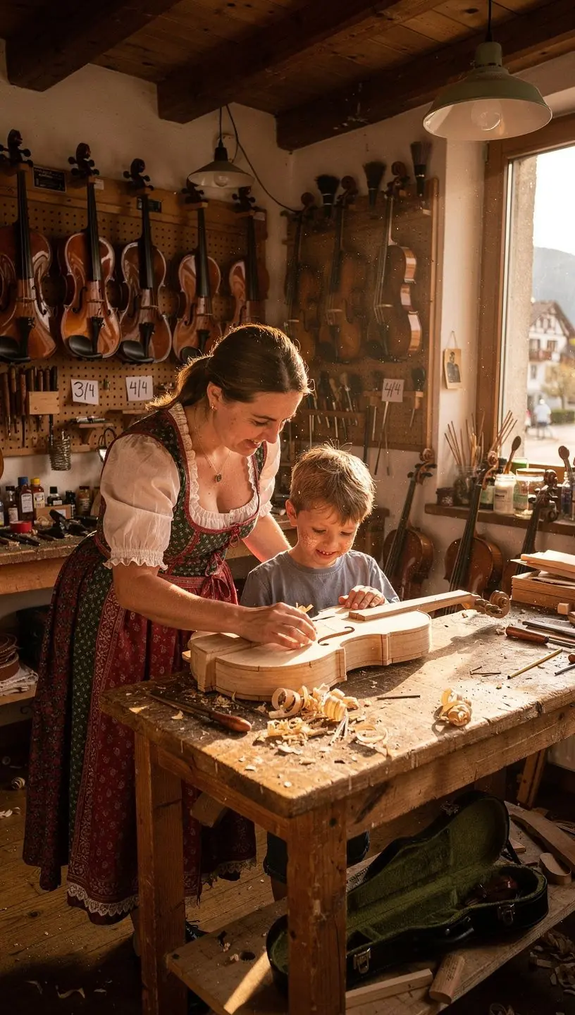 Detailaufnahme einer handgefertigten Geige, die in der Werkstatt zum Trocknen hängt.